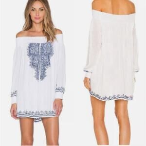 Tularosa Revolve‎ Embroidered Blue Off Shoulder Mini Dress Size XS Boho Cottage